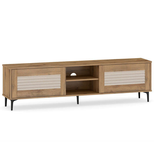 Oak fluted TV stand with concealed cabinets open shelves and raised metal legs — view 5