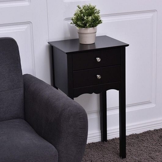 Modern black two-drawer accent table with high gloss finish and vintage metal handles. — view 3