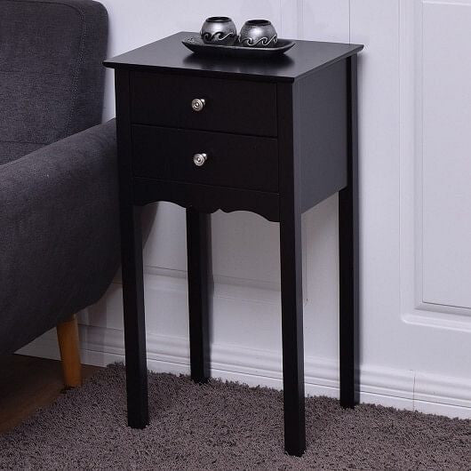 Modern black two-drawer accent table with high gloss finish and vintage metal handles. — view 5