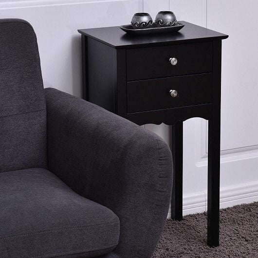 Modern black two-drawer accent table with high gloss finish and vintage metal handles. — view 6