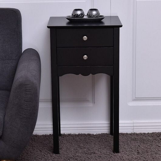 Modern black two-drawer accent table with high gloss finish and vintage metal handles. — view 4