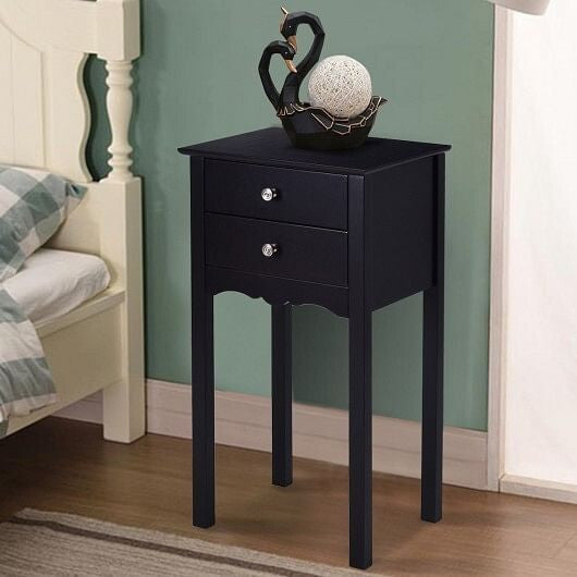 Modern black two-drawer accent table with high gloss finish and vintage metal handles. — view 2