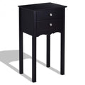 Modern black two-drawer accent table with high gloss finish and vintage metal handles.
