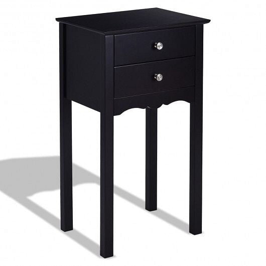 Modern black two-drawer accent table with high gloss finish and vintage metal handles.