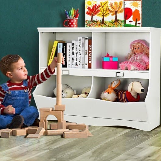 White kids bookshelf and toy organizer with two open tiers and natural birch wood frame — view 9
