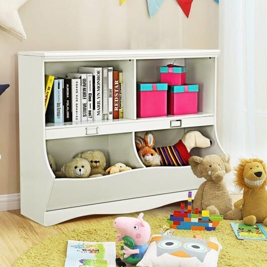 White kids bookshelf and toy organizer with two open tiers and natural birch wood frame