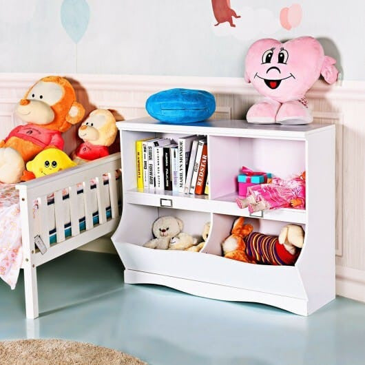 White kids bookshelf and toy organizer with two open tiers and natural birch wood frame — view 2