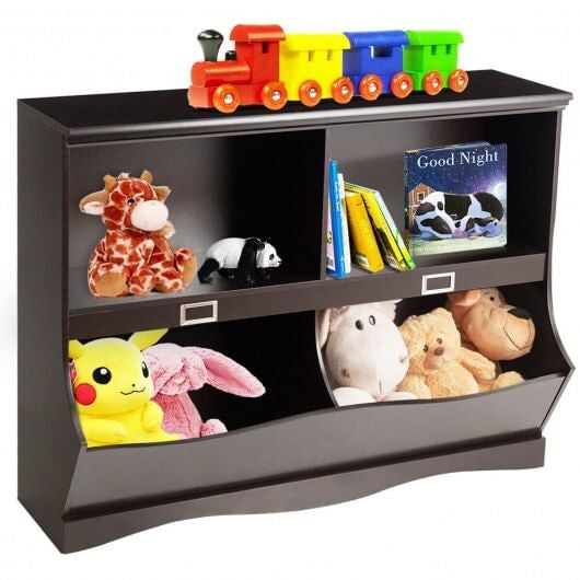 White kids bookshelf and toy organizer with two open tiers and natural birch wood frame — view 3