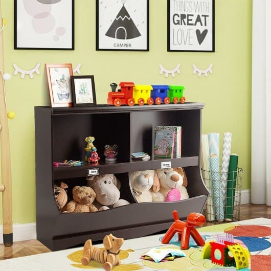 White kids bookshelf and toy organizer with two open tiers and natural birch wood frame — view 4