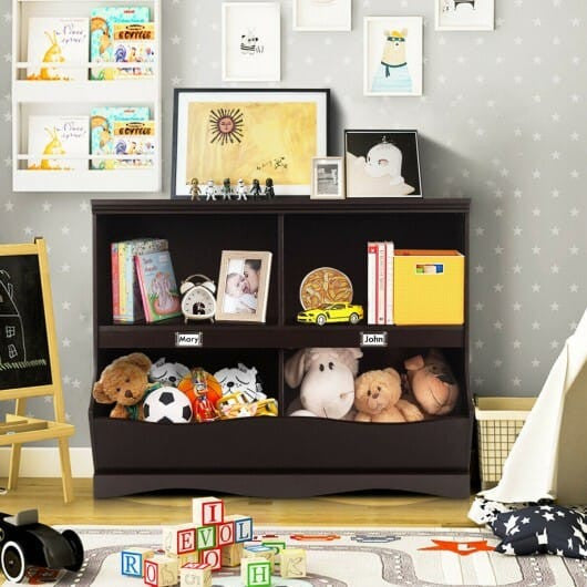 White kids bookshelf and toy organizer with two open tiers and natural birch wood frame — view 5