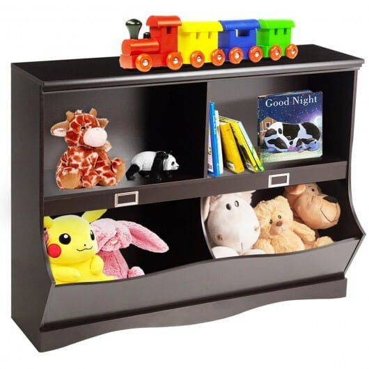 White kids bookshelf and toy organizer with two open tiers and natural birch wood frame — view 6