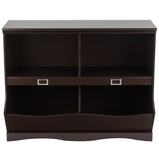 White kids bookshelf and toy organizer with two open tiers and natural birch wood frame — view 7
