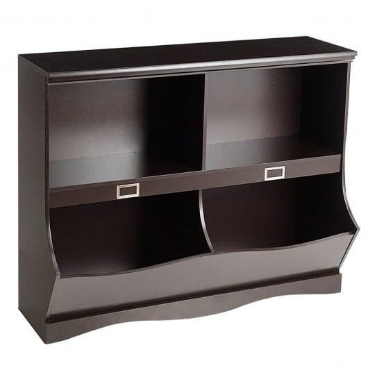 White kids bookshelf and toy organizer with two open tiers and natural birch wood frame — view 8