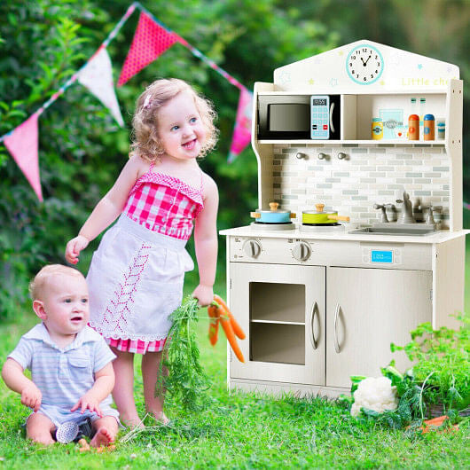 Kids Wooden Pretend Cooking Playset Cookware Play Set Kitchen Toys Toddler Gift-Pink