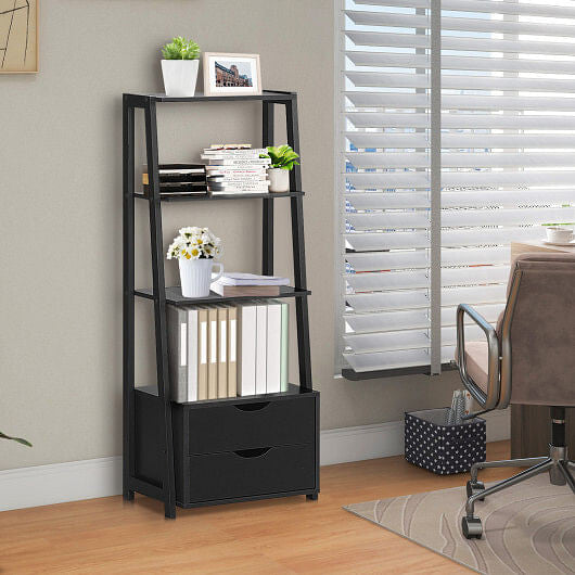 Four tier modern ladder bookshelf with open display shelves and two bottom storage drawers — view 3