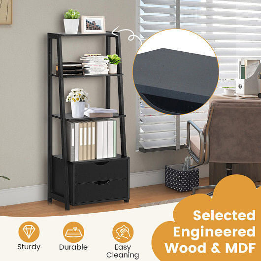 Four tier modern ladder bookshelf with open display shelves and two bottom storage drawers — view 5