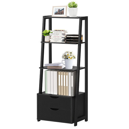 Four tier modern ladder bookshelf with open display shelves and two bottom storage drawers — view 6