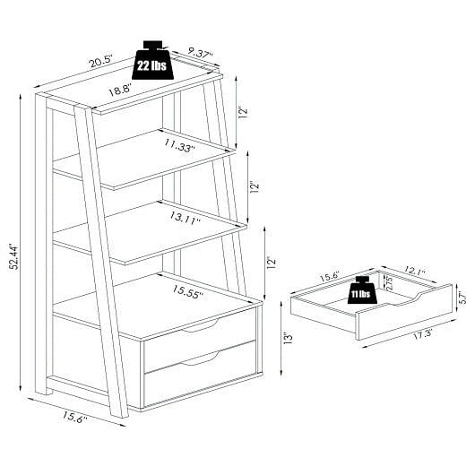 Four tier modern ladder bookshelf with open display shelves and two bottom storage drawers — view 4