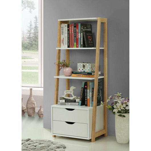 Four tier modern ladder bookshelf with open display shelves and two bottom storage drawers — view 2