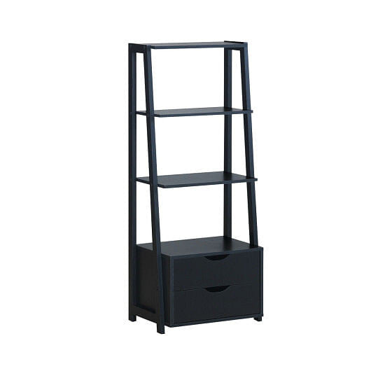 Four tier modern ladder bookshelf with open display shelves and two bottom storage drawers