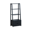 Four tier modern ladder bookshelf with open display shelves and two bottom storage drawers