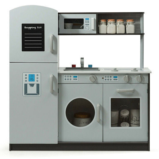Kids pretend play kitchen set in eco-friendly wood with refrigerator, stove, and realistic sound effects — view 2