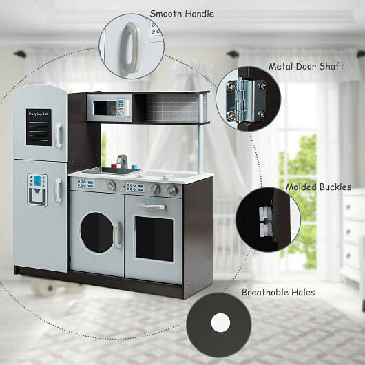 Kids pretend play kitchen set in eco-friendly wood with refrigerator, stove, and realistic sound effects — view 3