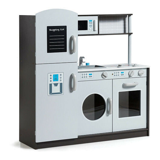 Kids pretend play kitchen set in eco-friendly wood with refrigerator, stove, and realistic sound effects