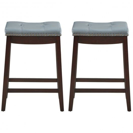 Set of two white backless counter stools featuring wooden legs nailhead trim and saddle seat — view 3