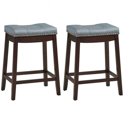 Set of two white backless counter stools featuring wooden legs nailhead trim and saddle seat — view 4