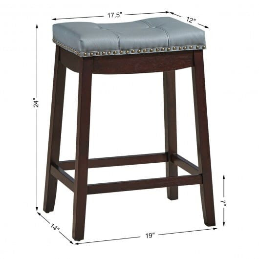 Set of two white backless counter stools featuring wooden legs nailhead trim and saddle seat — view 5
