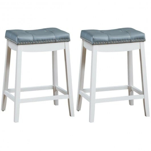 Set of two white backless counter stools featuring wooden legs nailhead trim and saddle seat — view 9