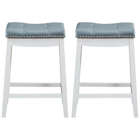 Set of two white backless counter stools featuring wooden legs nailhead trim and saddle seat — view 10