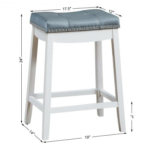 Set of two white backless counter stools featuring wooden legs nailhead trim and saddle seat — view 11