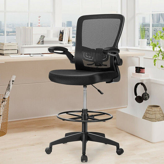 Black height adjustable drafting chair with breathable mesh back, flip-up armrests, and foot ring. — view 3