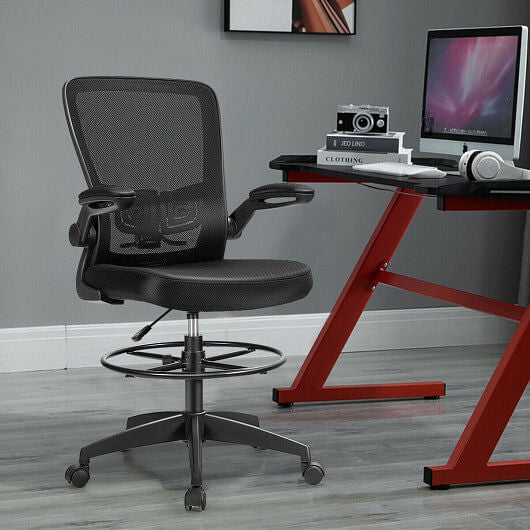 Black height adjustable drafting chair with breathable mesh back, flip-up armrests, and foot ring. — view 5