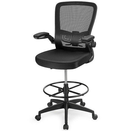 Black height adjustable drafting chair with breathable mesh back, flip-up armrests, and foot ring. — view 6