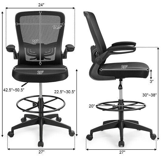 Black height adjustable drafting chair with breathable mesh back, flip-up armrests, and foot ring. — view 4