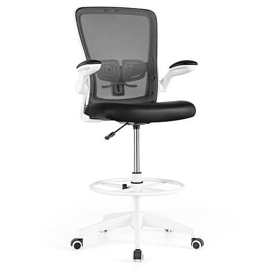 Black height adjustable drafting chair with breathable mesh back, flip-up armrests, and foot ring. — view 2
