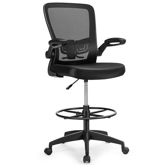 Black height adjustable drafting chair with breathable mesh back, flip-up armrests, and foot ring.