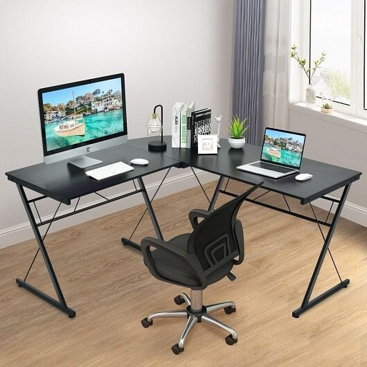 Black 59-inch L-shaped corner computer desk with sturdy iron frame in a home office — view 3