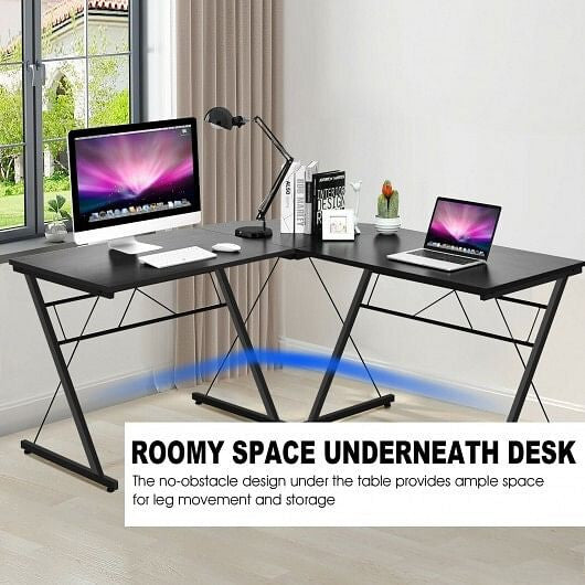 Black 59-inch L-shaped corner computer desk with sturdy iron frame in a home office — view 5