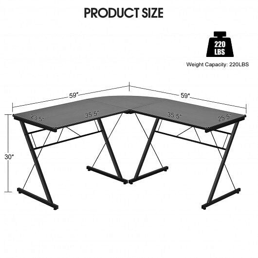Black 59-inch L-shaped corner computer desk with sturdy iron frame in a home office — view 6