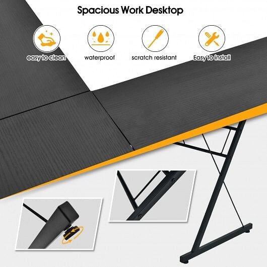 Black 59-inch L-shaped corner computer desk with sturdy iron frame in a home office — view 4