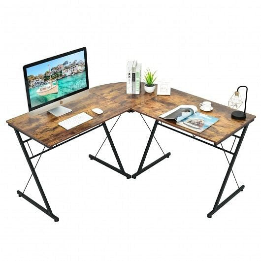 Black 59-inch L-shaped corner computer desk with sturdy iron frame in a home office — view 2