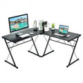 Black 59-inch L-shaped corner computer desk with sturdy iron frame in a home office