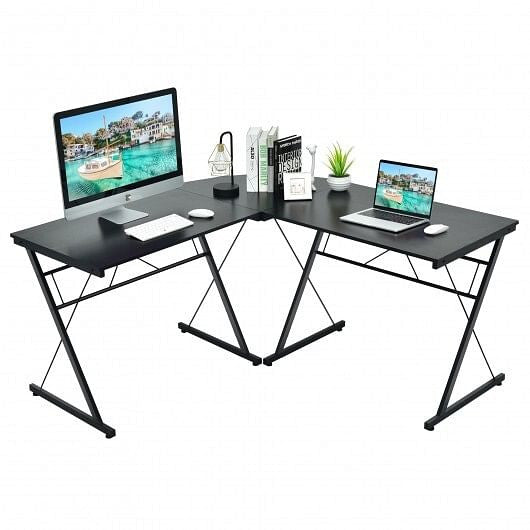 Black 59-inch L-shaped corner computer desk with sturdy iron frame in a home office