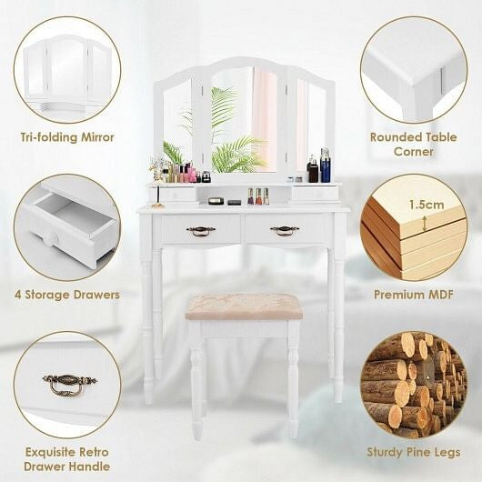 White makeup vanity set with tri-fold mirror, four storage drawers, and cushioned floral seating stool — view 5