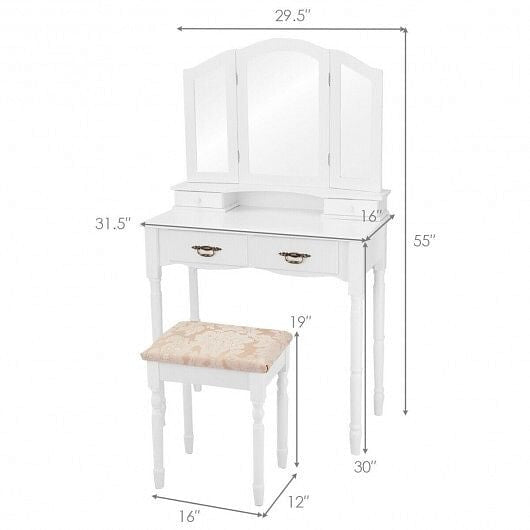 White makeup vanity set with tri-fold mirror, four storage drawers, and cushioned floral seating stool — view 6