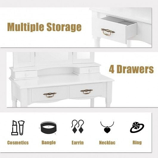 White makeup vanity set with tri-fold mirror, four storage drawers, and cushioned floral seating stool — view 4